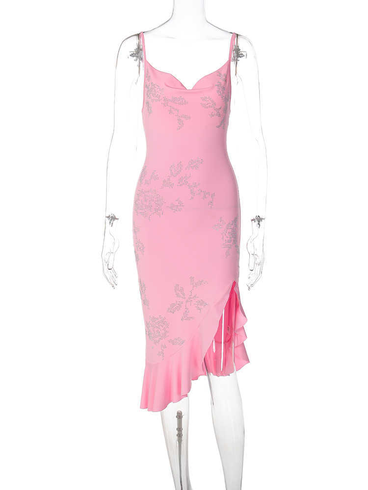 RUKAS Pink Slips Backless Ruffles Sequined Slit Sexy Slim Midi Dress 2023 Summer Women Elegant Outfit Beach Party Festival