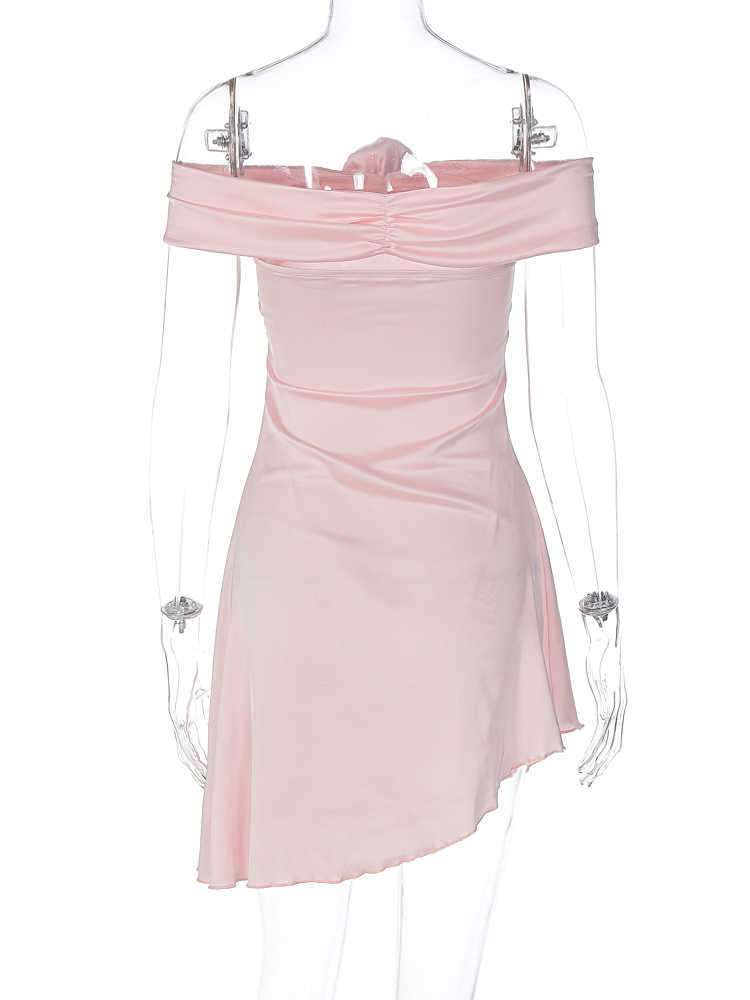 RUKAS Women Elegant Satin Off Shoulder Solid Flower Pleated Sexy Cute Mini Prom Dress Summer Clothes Wedding Birthday Party