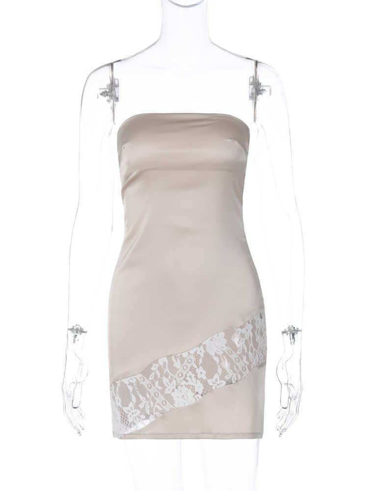 RUKAS Women Elegant Satin Strapless Solid Patchwork Lace Sexy Slim Mini Prom Dress 2023 Summer Clothes Bithday Party Festival