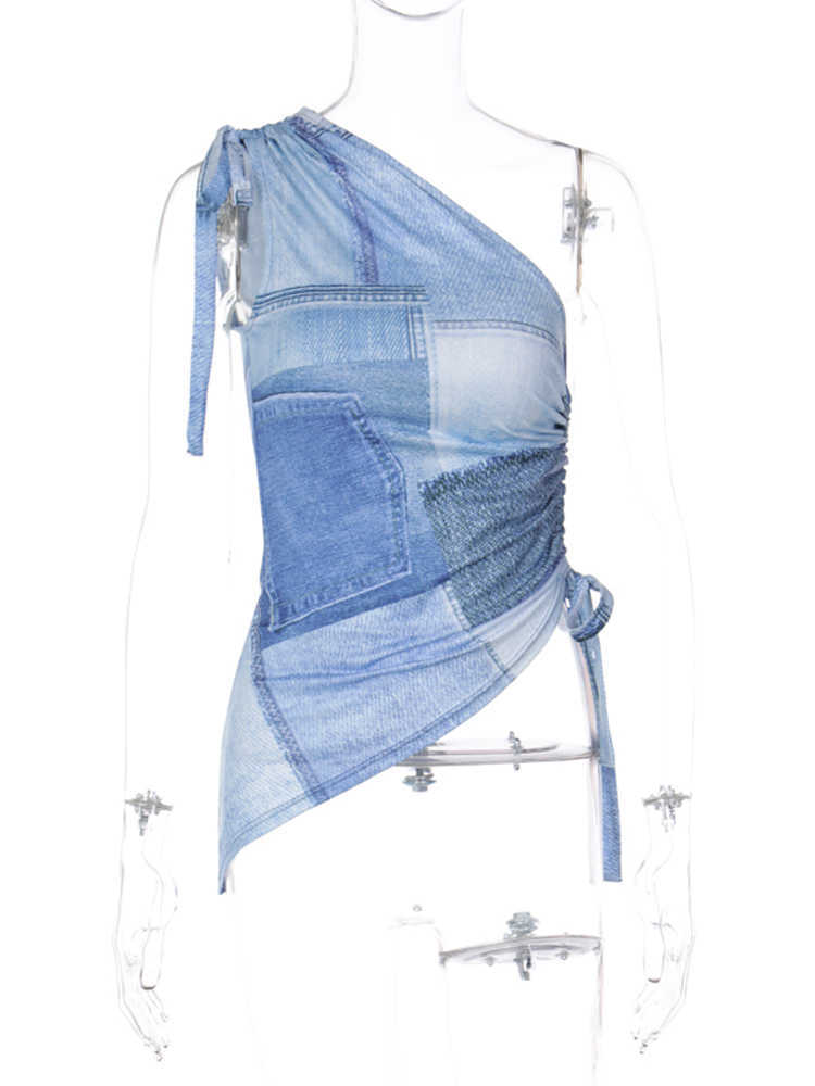 RUKAS One Shoulder Faux Denim Print Shirring Bandage Sexy Crop Tank Top Summer Fashion Y2K Streetwear Festival Clothes
