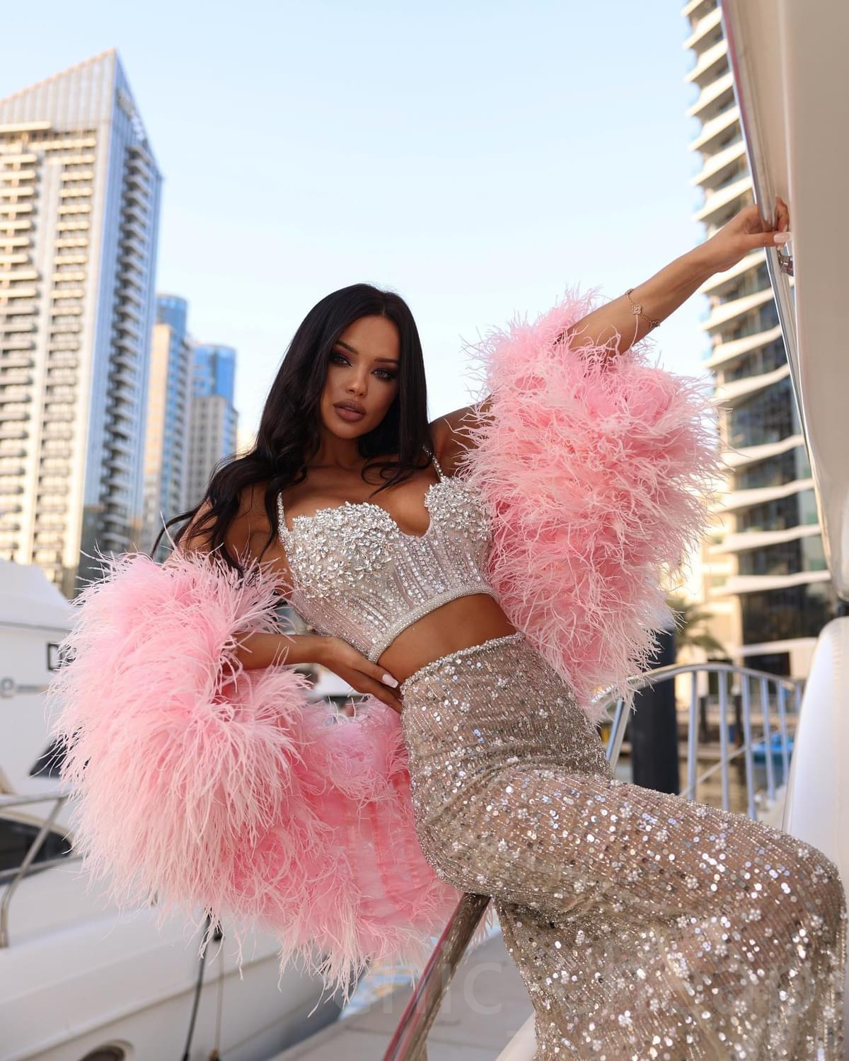 Aso Pieces Two May Ebi Prom Beaded Crystals Feather Evening Formal Party Second Reception Birthday Engagement Gowns Dress Robe De Soiree Zj 6660306