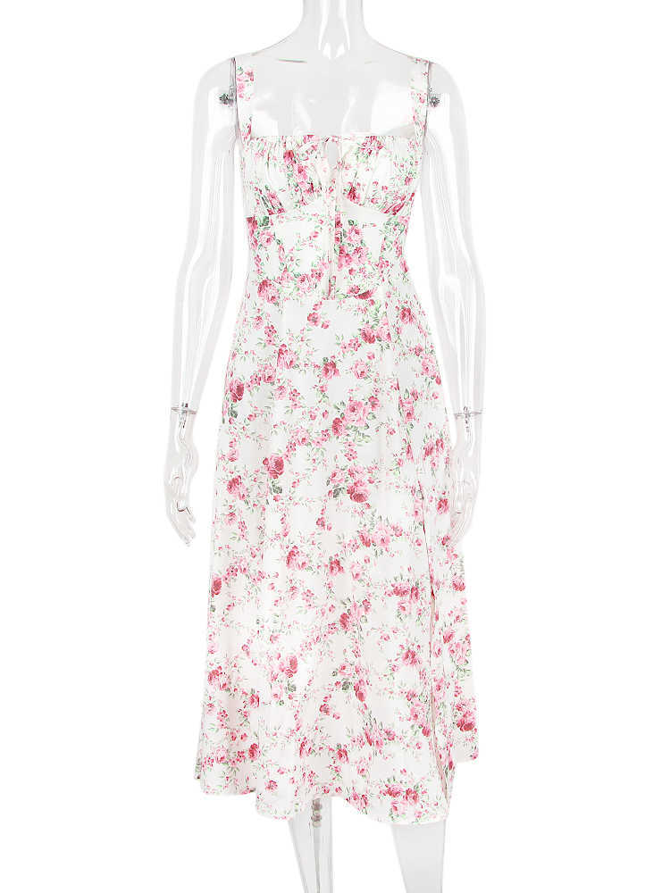 Elegant Vintage Print Floral Midi Dresses Fashion Back Lace Up Robe Fashion Farm Party Clothing Women's Summer Long Dress