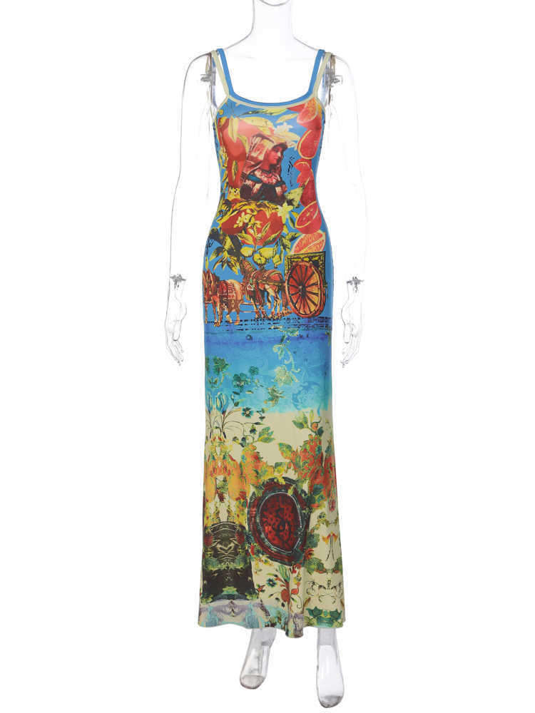 RUKAS Graphic Print Sleeveless Slips Patchwork Sexy Bodycon Maxi Dress 2023 Summer Women Y2K Beach Festival Casual Clothes