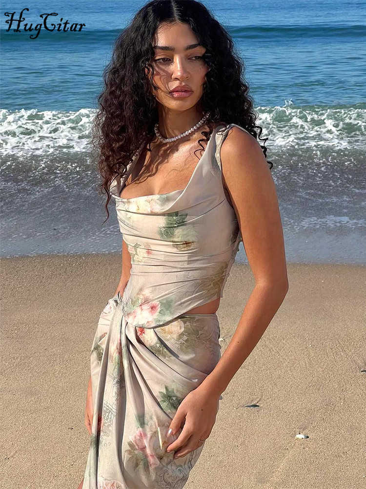 Women Elegant 2 Pcs Sets Floral Print Sexy Crop Tank Top Ruched Slit Maxi Skirt Summer Outfit Beach Festival Party