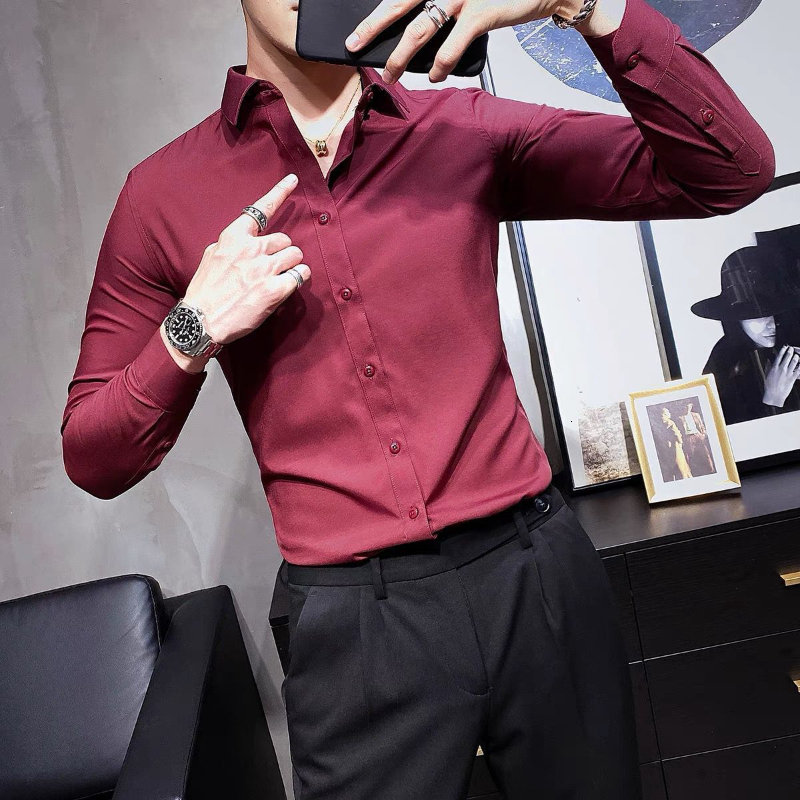 Men's Casual Shirts Spring Solid Color Long Sleeve Men's Shirt Korean Version Slim Fit Chic Fashion Blouses Polo Neck Male Clothes Business 