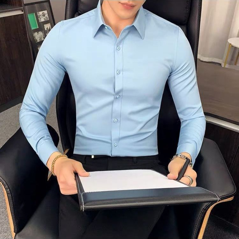 Men's Casual Shirts Spring Solid Color Long Sleeve Men's Shirt Korean Version Slim Fit Chic Fashion Blouses Polo Neck Male Clothes Business 