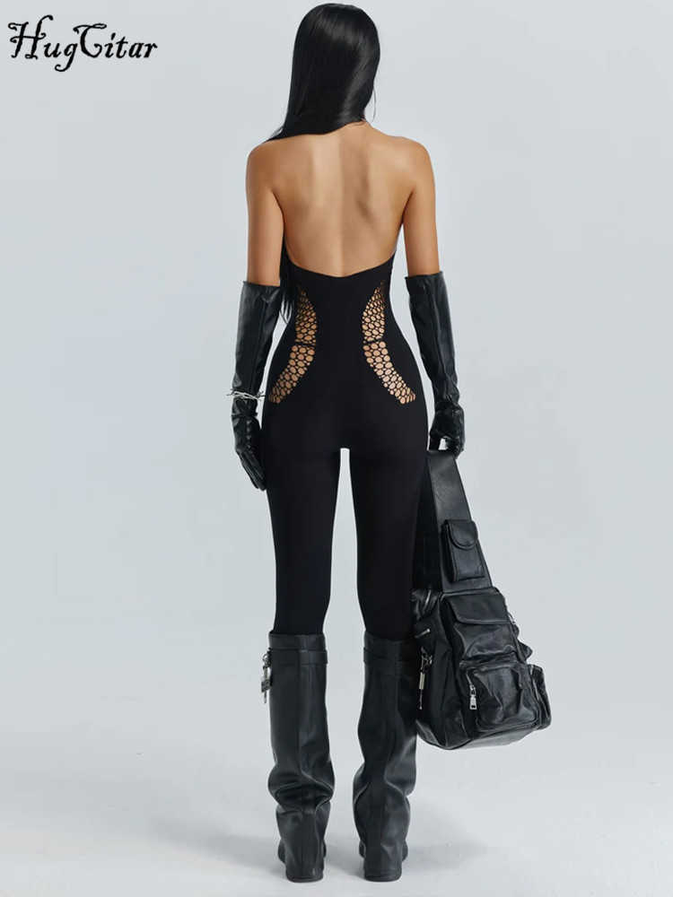 RUKAS Halter Sleeveless Backless Black Lace Up Cut Out Sexy Bodycon One Piece Jumpsuit Summer Party Sport Romper Overalls