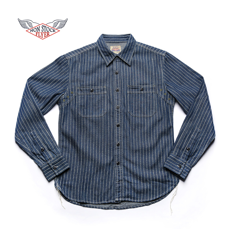 Men's Casual Shirts Non Stock Wabash Stripe Work Shirt Vintage Denim Vent Hole WorkShirts For Men 230516