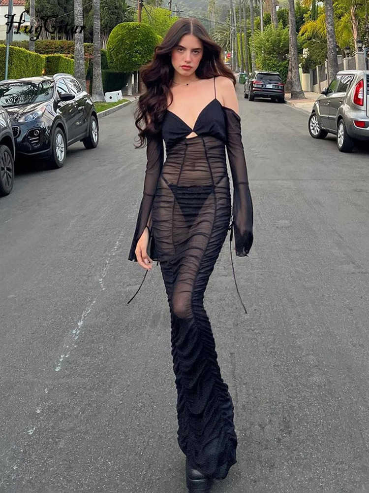 RUKAS Solid Slips Long Sleeves Lace Up Sexy See Through Slim Maxi Dress 2023 Summer Women Y2K Beach Party Nightclub Outfit