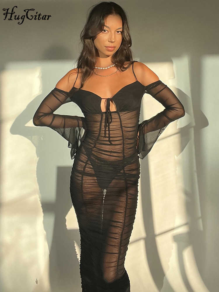 RUKAS Solid Slips Long Sleeves Lace Up Sexy See Through Slim Maxi Dress 2023 Summer Women Y2K Beach Party Nightclub Outfit