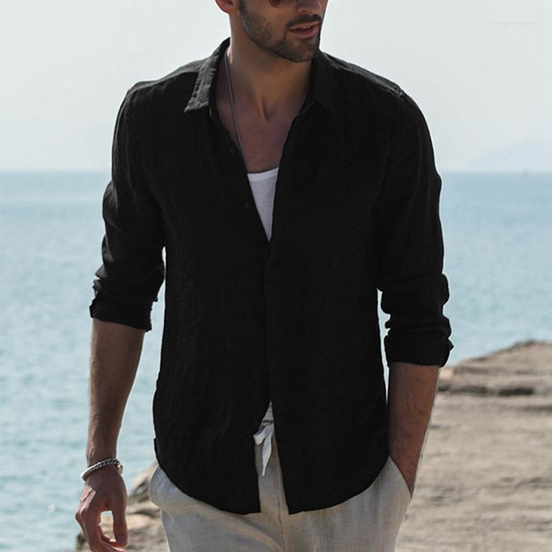 Men's Cotton En Casual Long Sleeve Button Up Shirt Baggy Tops White For Spring Autumn Streetwear