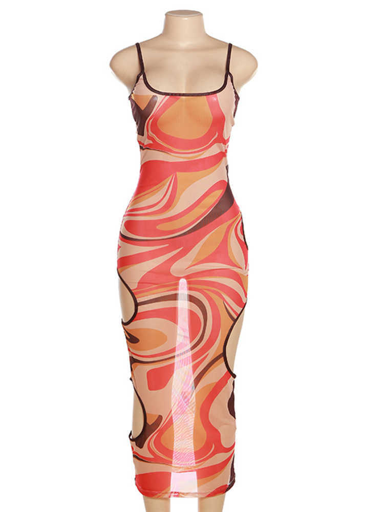 RUKAS Mesh Colorful Print Sleeveless Slip Hollow Out See Through Sexy Midi Dress Summer Slim Fashion Beach Holiday Outfit