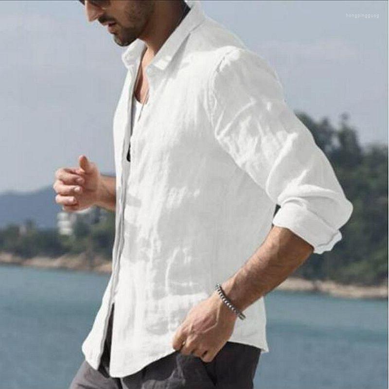 Men's Cotton En Casual Long Sleeve Button Up Shirt Baggy Tops White For Spring Autumn Streetwear