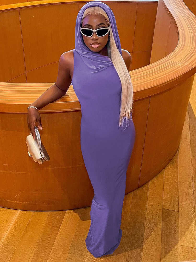 RUKAS Solid Hoodies Sleeveless Slit Sexy Slim Maxi Dress 2023 Summer Women Fashion Y2K Clothes Streetwear Party Casual Biker