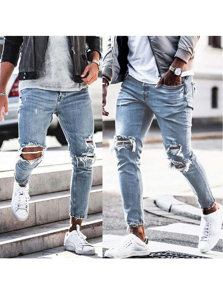 Men's Jeans Men Jeans Streetwear Knee Ripped Skinny Hip Hop Fashion Estroyed Hole Pants Solid Color Male Stretch Casual Denim Big Trousers 230516