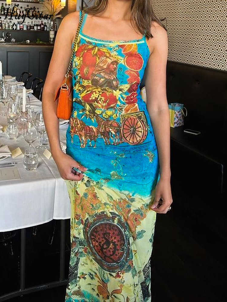 RUKAS Graphic Print Sleeveless Slips Patchwork Sexy Bodycon Maxi Dress 2023 Summer Women Y2K Beach Festival Casual Clothes