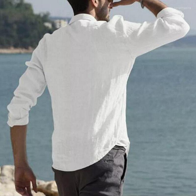 Men's Cotton En Casual Long Sleeve Button Up Shirt Baggy Tops White For Spring Autumn Streetwear