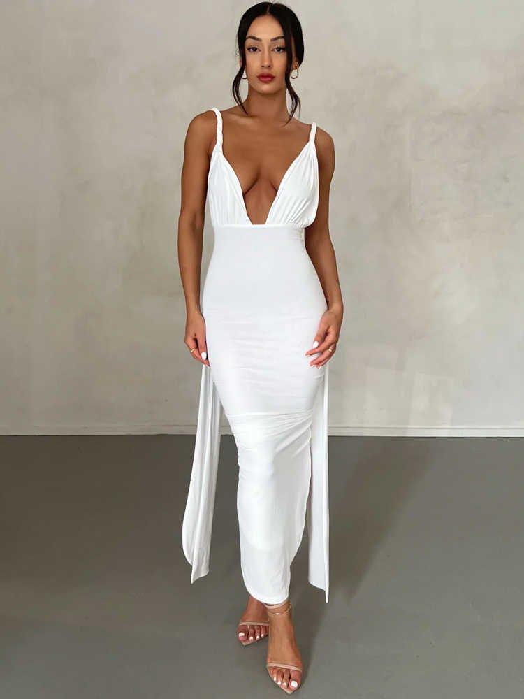 RUKAS V Neck Backless Adjustable Straps Solid Bandage Draped Slit Sexy Maxi Dress Summer Women Elegant Birthday Party Outfit