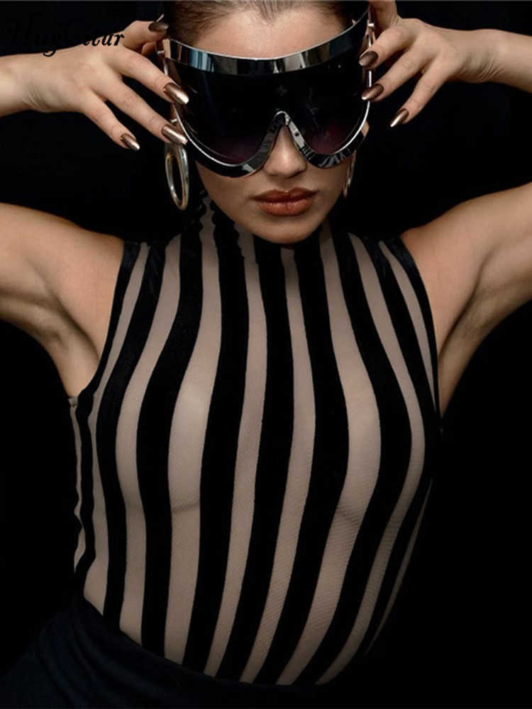 RUKAS Mesh Turtleneck Striped Patchwork Sexy Bodycon Skinny Bodysuit 2023 Summer Women Y2K Evening Party Club Casual Romper