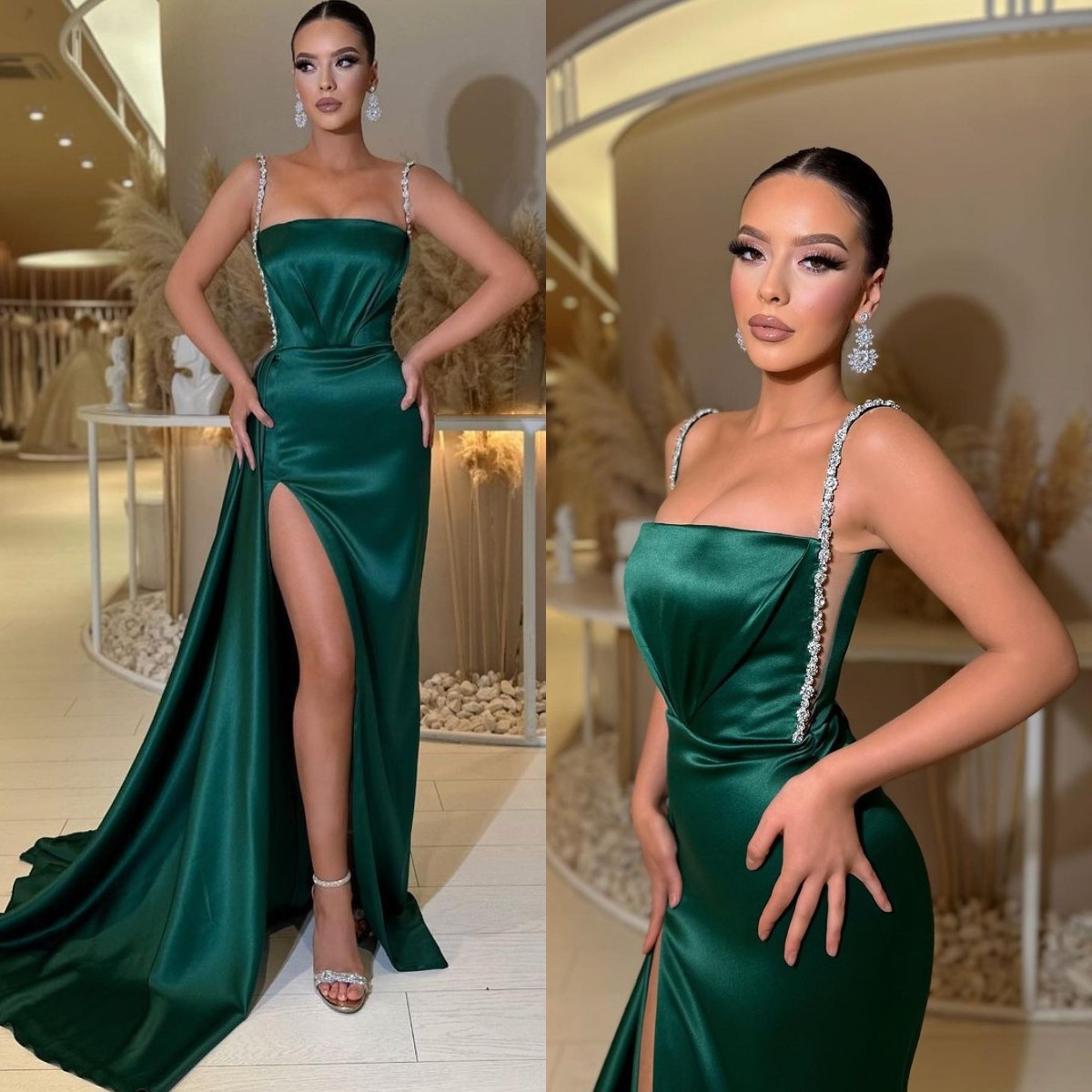Dark Green Prom Dresses Beads Straps Party Evening Pleats Formal Long Special Ocn Dress 0228Lz