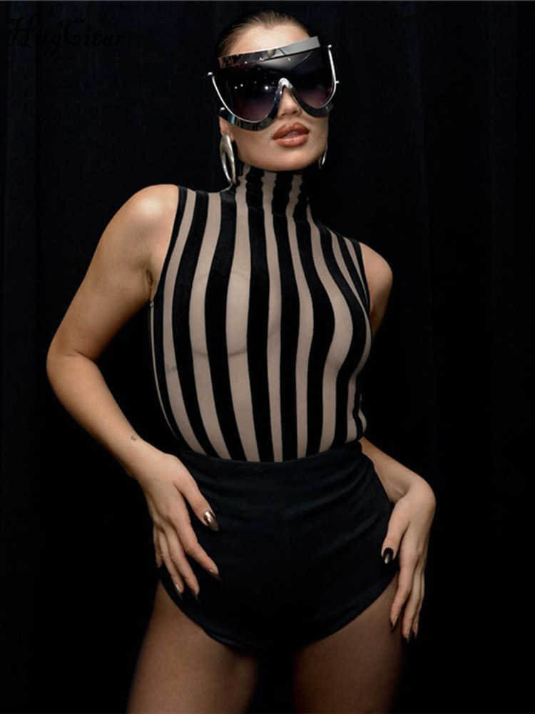 RUKAS Mesh Turtleneck Striped Patchwork Sexy Bodycon Skinny Bodysuit 2023 Summer Women Y2K Evening Party Club Casual Romper