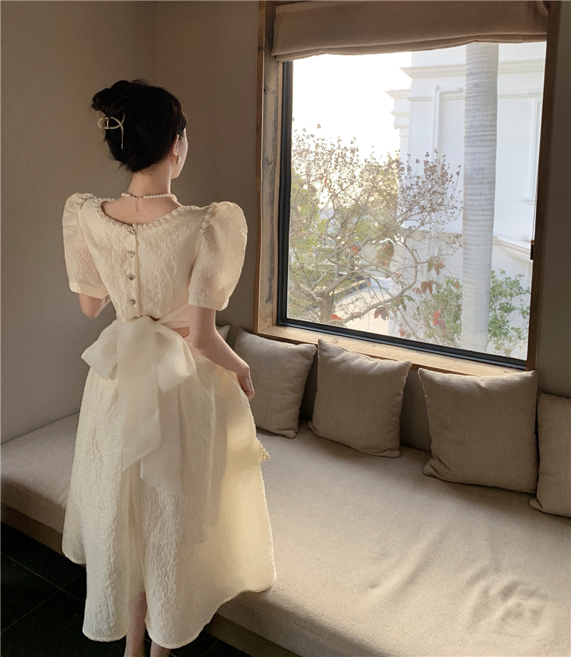 Womens puff short sleeve v-neck party dresses beading lixury design back lacing bow ball gown vestidos SML