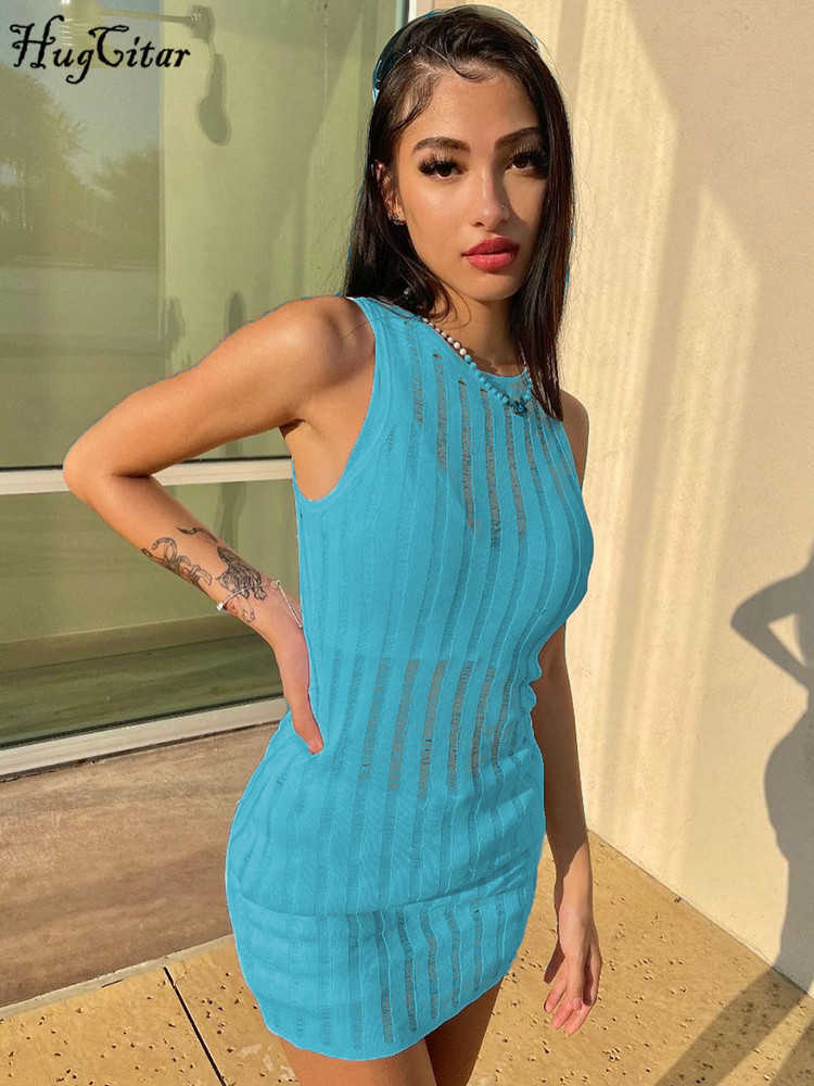 RUKAS Ribbed Solid Sleeveless See Through Sexy Bodycon Slim Mini Dress Summer Women Fashion Clothes Baach Festival Club