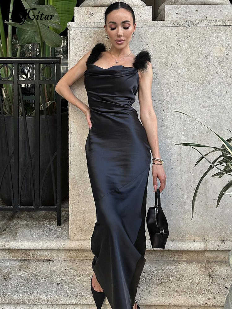 RUKAS Women Elegant Feather Straps Black Sexy Bodycon Maxi Prom Dress 2023 Summer Clothes Wedding Party Festival Wholesale