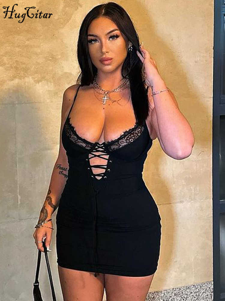 RUKAS Black Sleeveless Lace Patchwork Hollow Out Bandage Sexy Bodycon Mini Dress Summer Women Elegant Outfit Party Nightclub