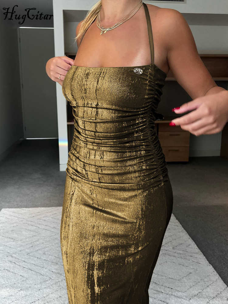 RUKAS Halter Sleeveless Solid Patchwork Letter Draped Sexy Slim Maxi Prom Dress Summer Women Elegant Wedding Party Outfit