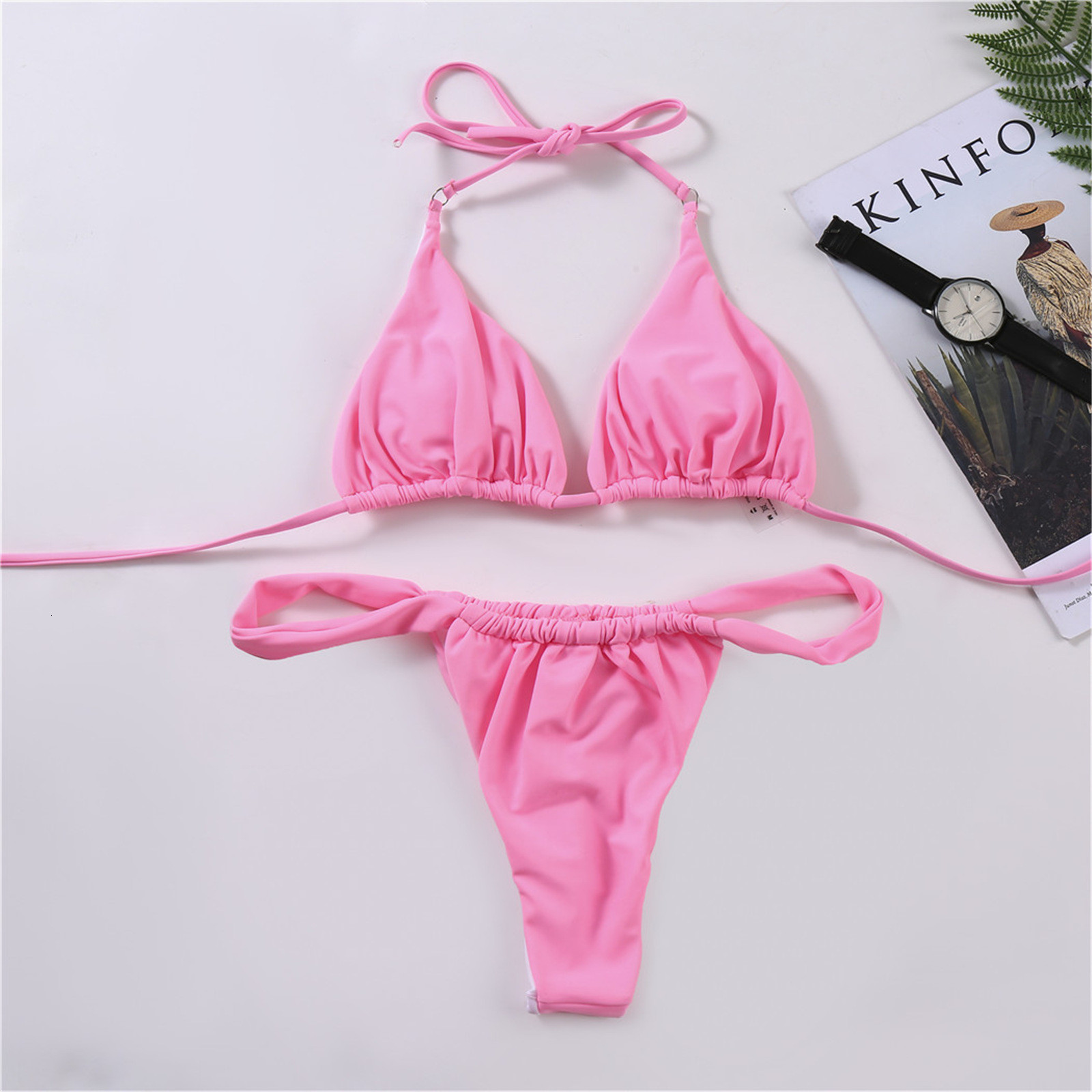 Swim Wear Pink Swimsuit Bikini Women Solid Color Sexy High Leg Thong Swimwear Bikinis Female 2 Piece Bathing Suit Beachwear 230515 - view 6