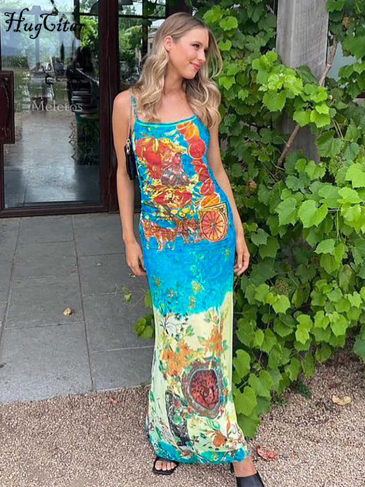 RUKAS Graphic Print Sleeveless Slips Patchwork Sexy Bodycon Maxi Dress 2023 Summer Women Y2K Beach Festival Casual Clothes