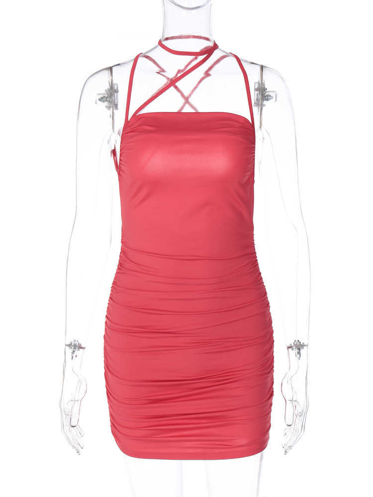 RUKAS Satin Halter Slip Backless Solid Draped Sexy Bodycon Slim Mini Prom Dress 2023 Summer Elegant Clothes Birthday Party