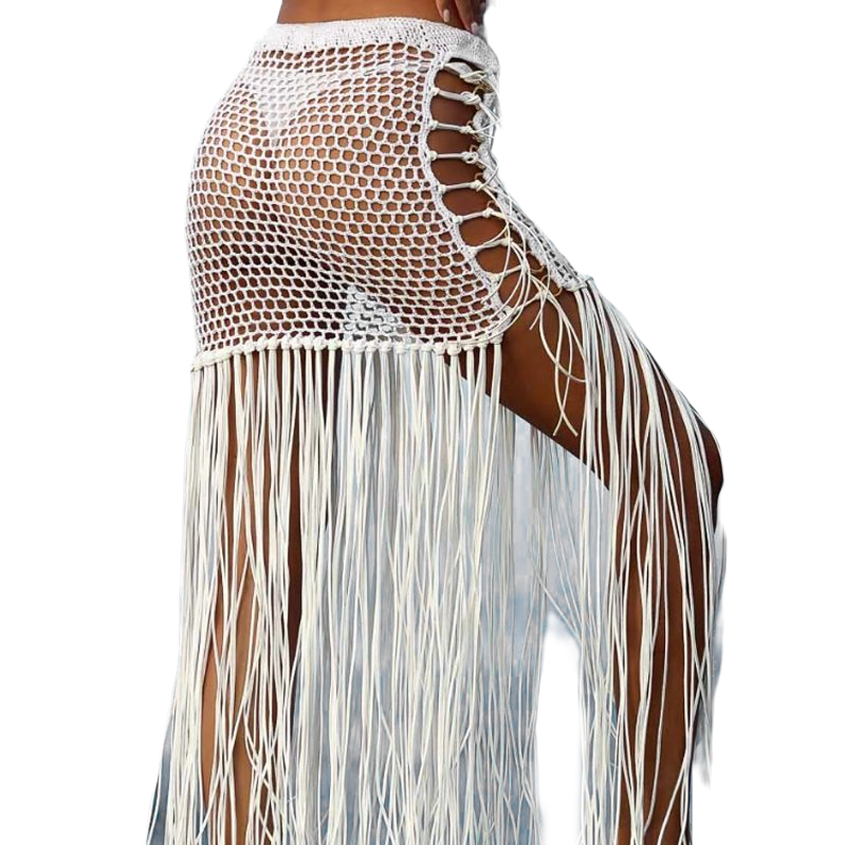 Skirts Womens Swimwear CoverUp Skirt Solid Color Long Tassel Fishnet Bikini Smock Summer Beach Bottoms 230516