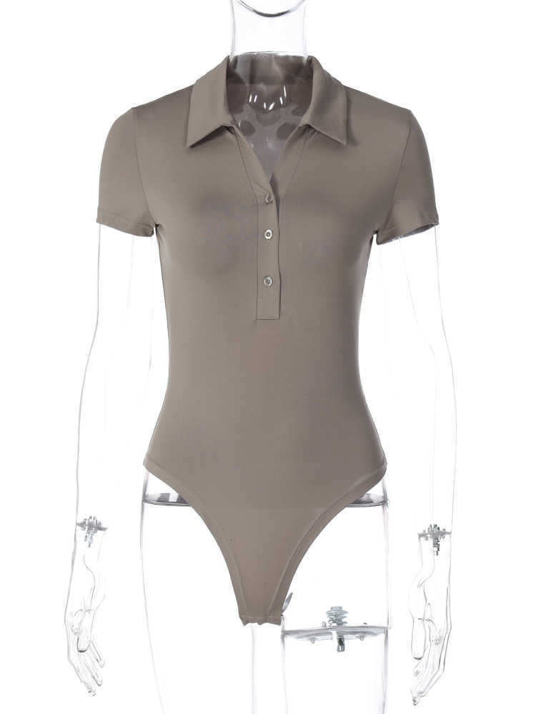 RUKAS Polo Neck Short Sleeve Solid Buttons Sexy Bodycon Skinny One Piece Bodysuit 2023 Summer Women Streetwear Casual Romper