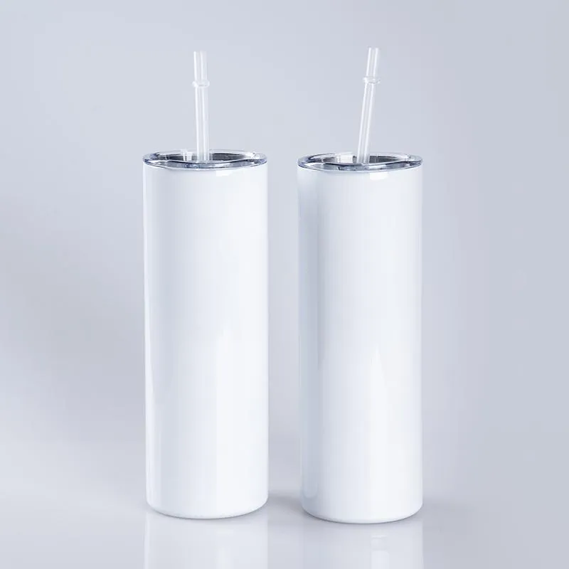 USA CA Warehouse Double Wall Flat Edge Stainless Steel 20oz Skinny Straight Sublimation Blank Tumbler with Lid and Straw 0515