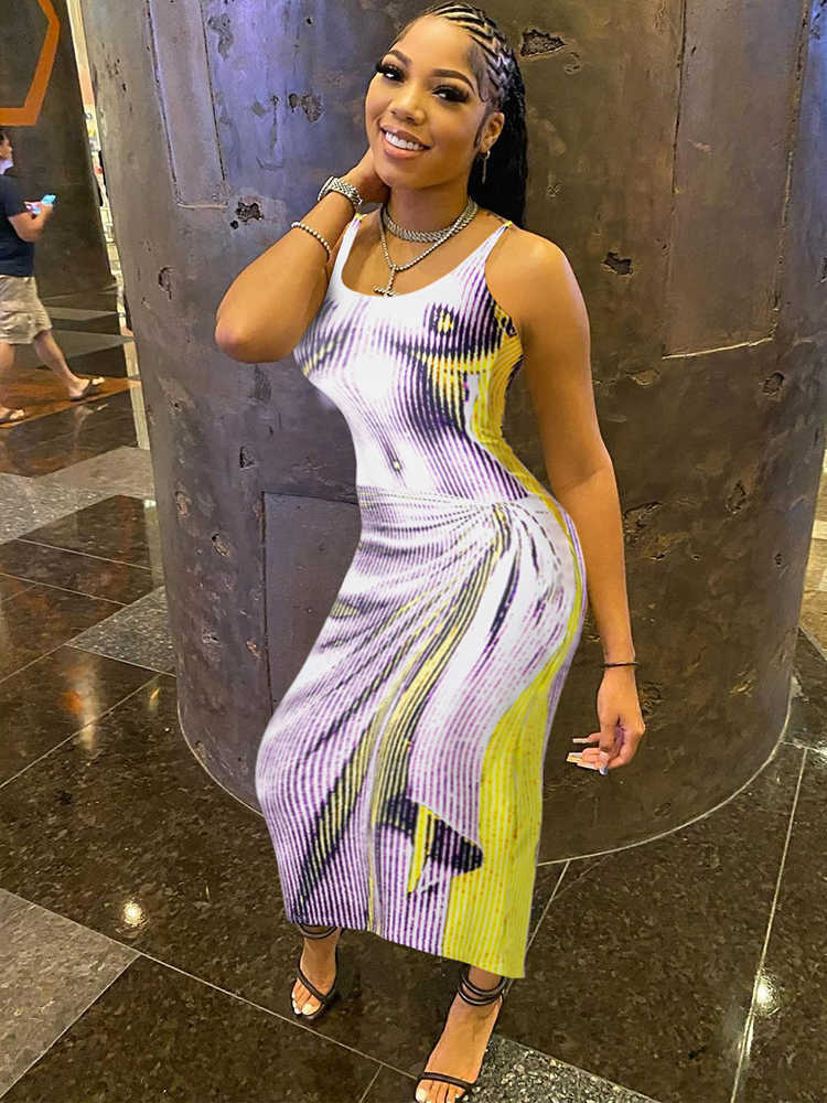 RUKAS 3D Striped Print Sleeveless Straps Sexy Slim Bodycon Midi Dress 2023 Summer Women Casual Festival Streetwear Clothes