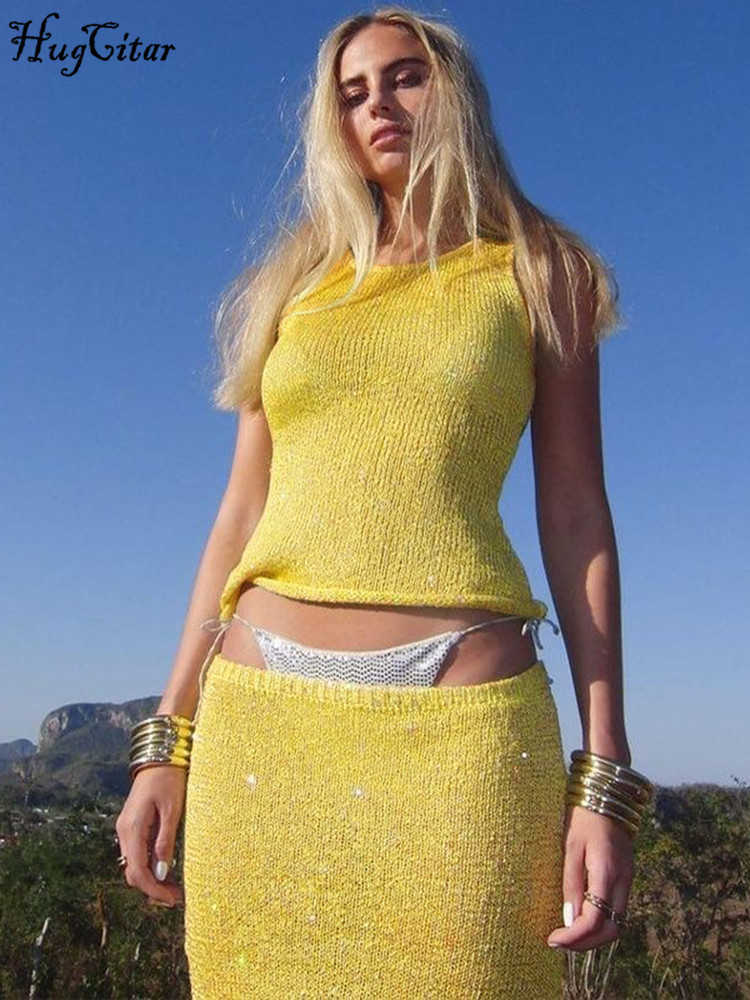RUKAS Crochet Sequined Solid Sexy See Through Crop Tank Top Skirt 2 Piece Sets Summer Women Shine Beach Festival Party Outfit