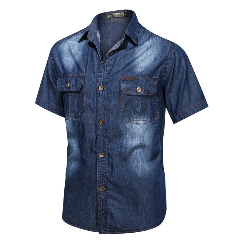 Men's Casual Shirts Men's Light Blue Denim Shirt Short Sleeve Thin Cotton Slim Stretch Denim Shirt Summer Quality Pocket Men's Shirt 23