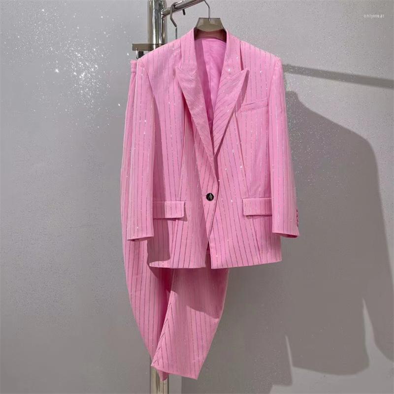 Women's Suits Chic And Elegant Woman Jacket Spring 2023 Korean Fashion Striped Crystal Diamond Women's Suit Coat Set 2 Pieces