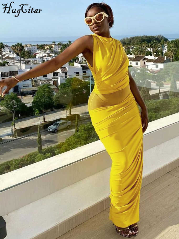 RUKAS Long Sleeves Solid Mesh Patchwork See Through Slit Sexy Bodycon Maxi Dress 2023 Summer Women Outfits Party Festival