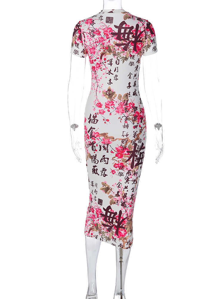 RUKAS Character Floral Print Short Sleeve Cut Out Bandage Sexy Slim Midi Dress 2023 Summer Women Cute Clothes Party Vacation