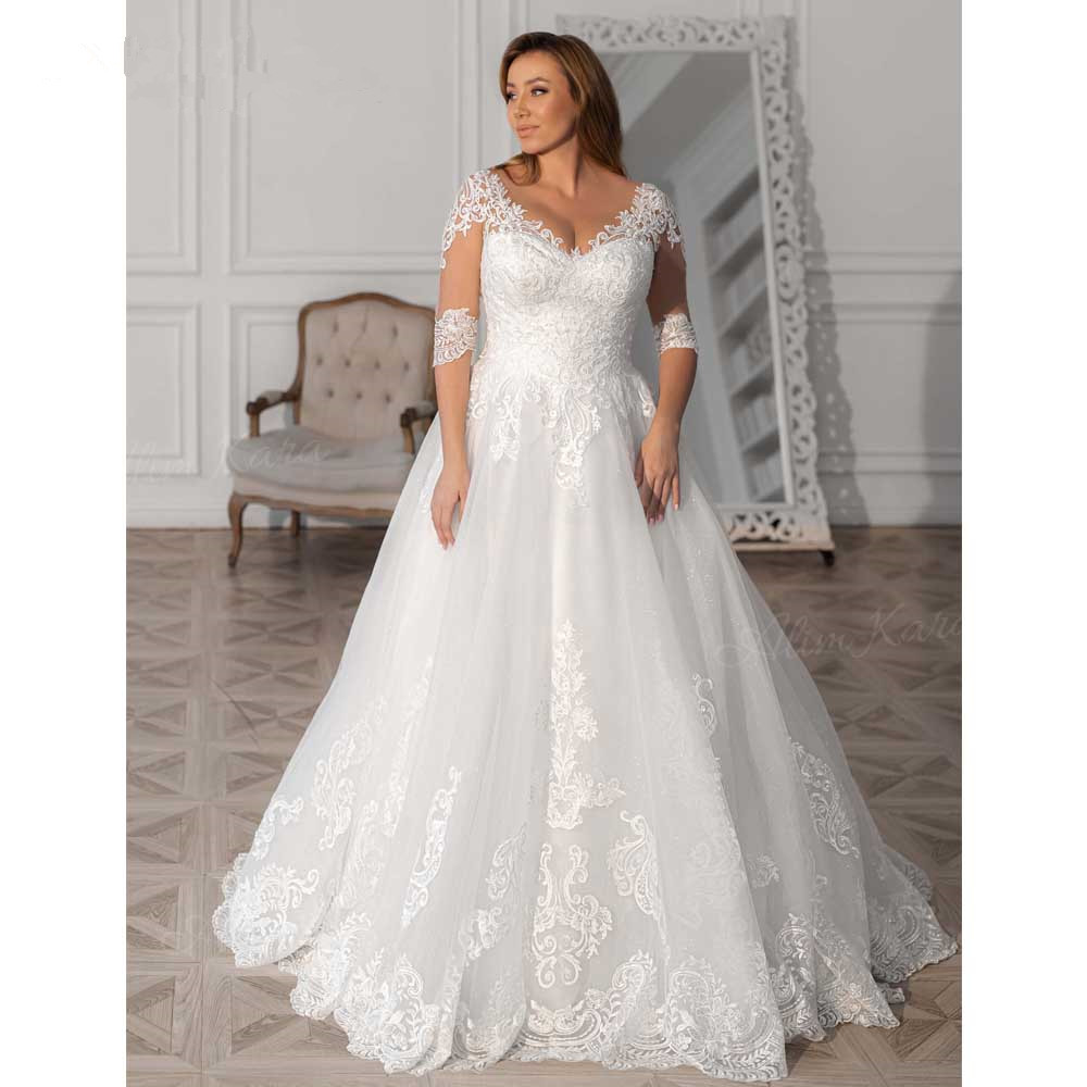Shiny Wedding Dress half sleeve 2023 lace Appliques A-Line Court Train Bridal Gown Princes NPS32 Plus Size Vestido De Novia