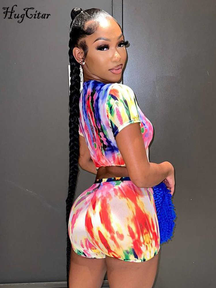 RUKAS Colorful Tie Dye Mesh O Neck Short Sleeve Sexy Crop T-Shirt Shorts 2 Pcs Sets Summer Fashion Streetwear Sport Tracksuit
