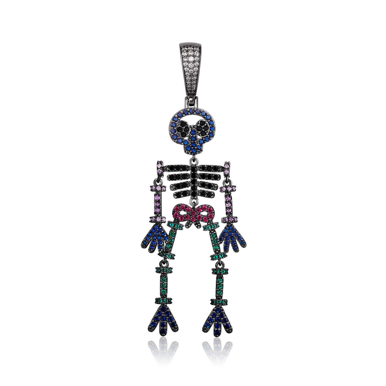 Creative Exaggerated Skeleton Pendant Necklace Colorful bling cubic zirconia Hip Hop Human skull Splicing Modeling Jewelry Rock Gemstone Collier Hallo