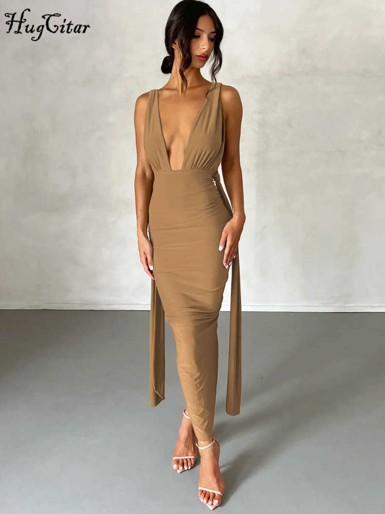 RUKAS V Neck Backless Adjustable Straps Solid Bandage Draped Slit Sexy Maxi Dress Summer Women Elegant Birthday Party Outfit