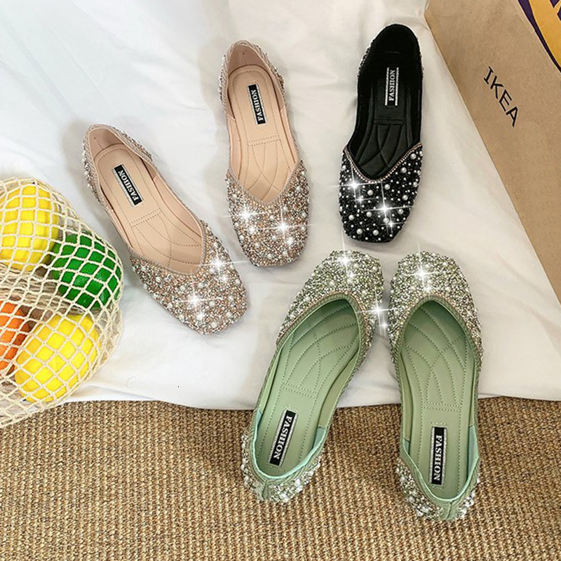 Dress Shoes Sepatu Balet Wanita Berkancing Mutiara Kristal Glitter Loafers Slip On Ujung Persegi Flat Balerina Potongan Pendek Nyaman Mokasin Perempua