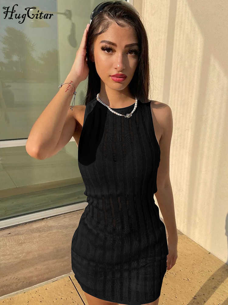 RUKAS Ribbed Solid Sleeveless See Through Sexy Bodycon Slim Mini Dress Summer Women Fashion Clothes Baach Festival Club