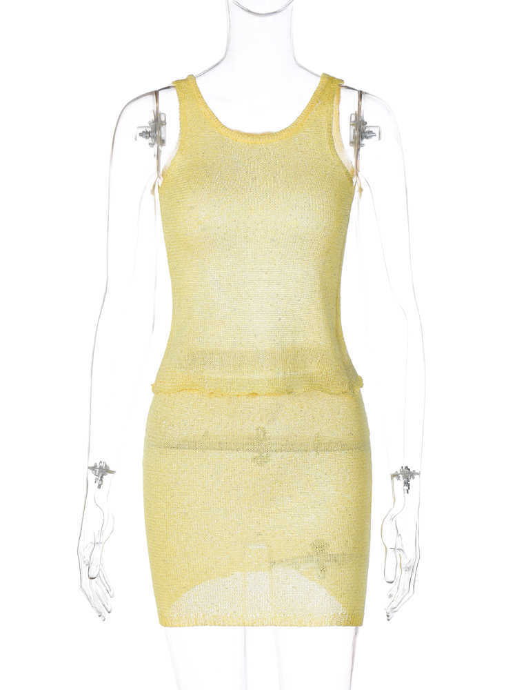 RUKAS Crochet Sequined Solid Sexy See Through Crop Tank Top Skirt 2 Piece Sets Summer Women Shine Beach Festival Party Outfit