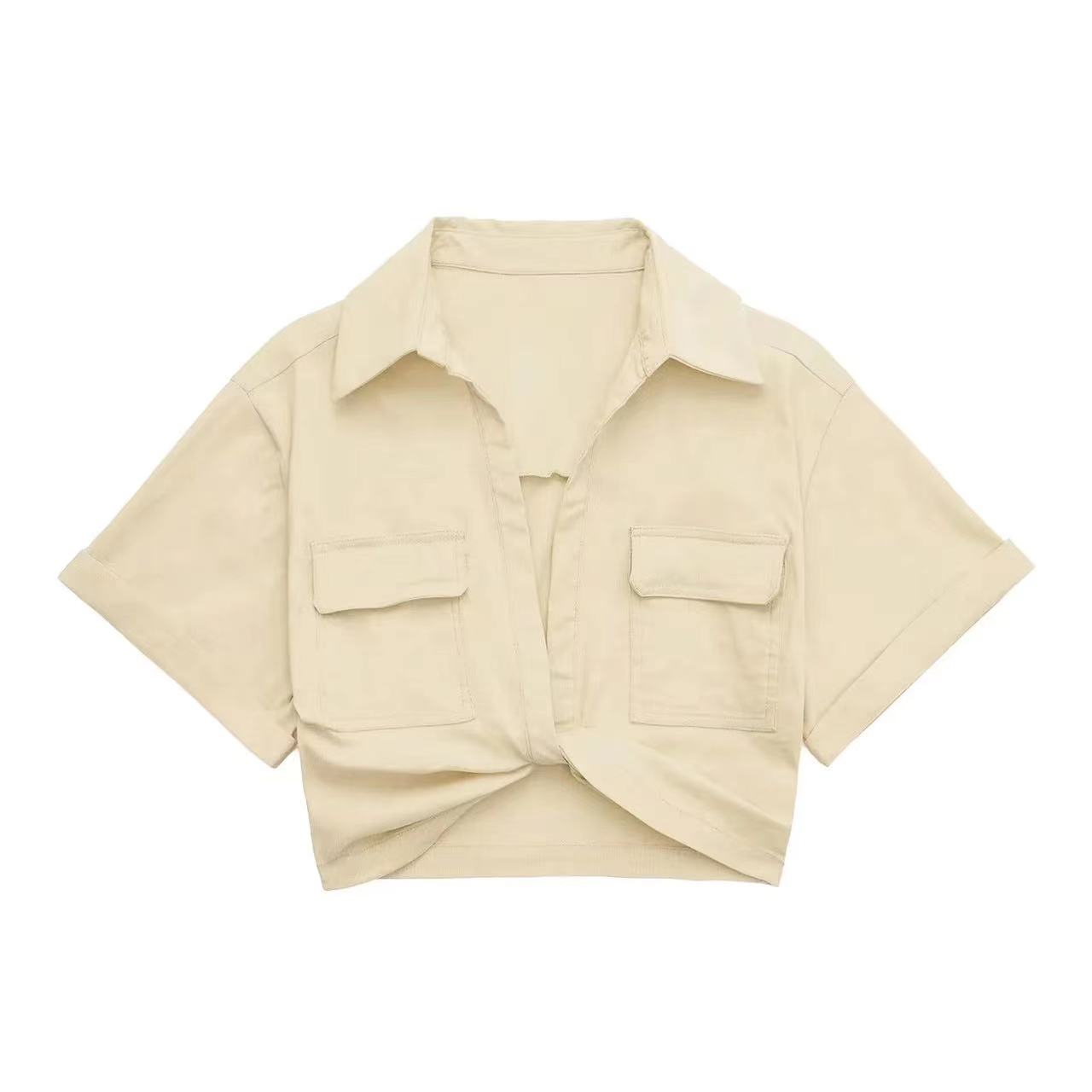 Flap Pocket Twist Hem Shirt Tees Tshirt Summer Fashion Womens Short Sleeve High Quality Clothes T Shirts Tops